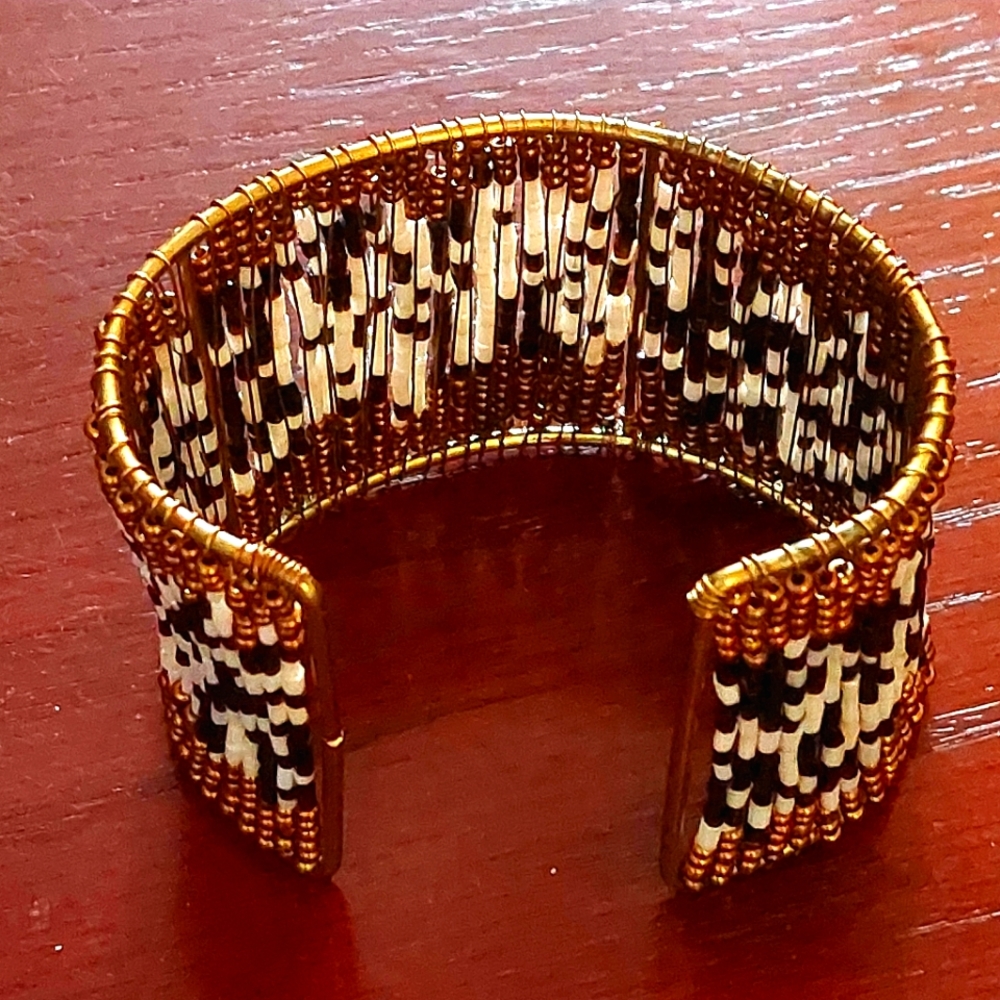 Unique artisanal beaded wire cuff bracelet